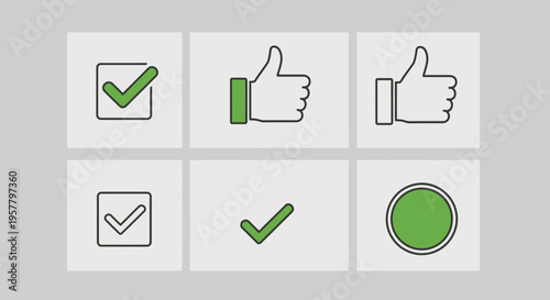 Set of green check marks and thumbs up icons on light gray background