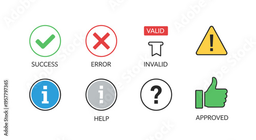Set of icons featuring check marks crosses exclamation points and symbols