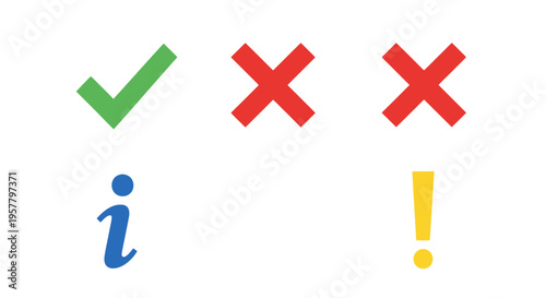 Set of icons featuring check marks crosses question marks and minus signs