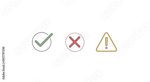 Set of icons representing check mark cross mark and exclamation point symbols