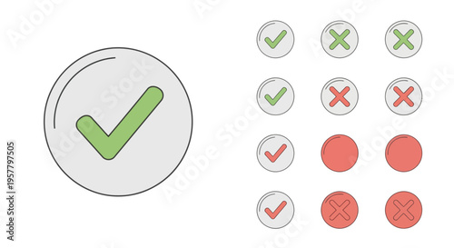 Set of isolated check marks and cross marks on white background