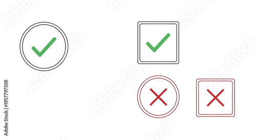 Set of isolated check marks and cross marks on white background