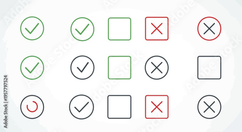 Set of isolated checkmarks empty boxes and cross marks in various colors