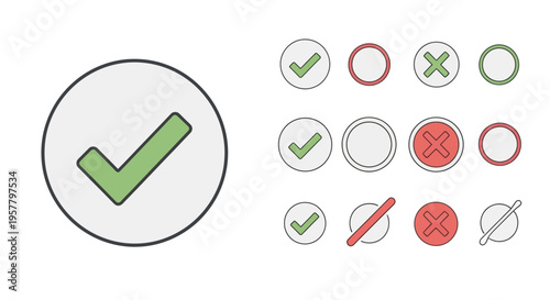 Set of isolated check marks and cross symbols on a white background