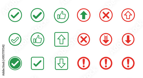 Set of isolated circular and square icons with check marks arrows and symbols