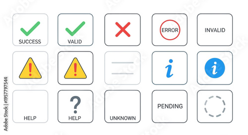Set of isolated icons representing various states and information