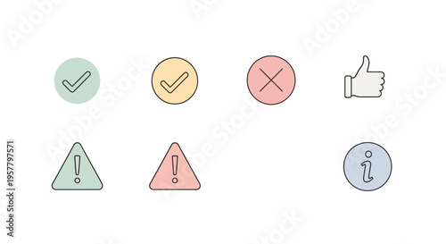Set of isolated vector icons featuring check marks thumbs up and exclamation