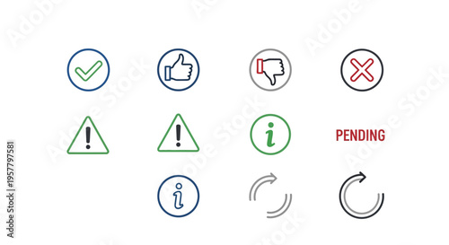 Set of isolated vector icons featuring check marks thumbs and information signs