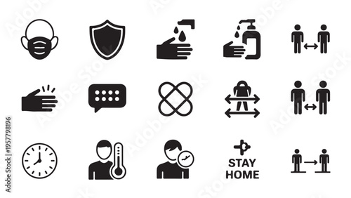 Pandemic prevention safety icons including face mask hand washing and social distance symbols