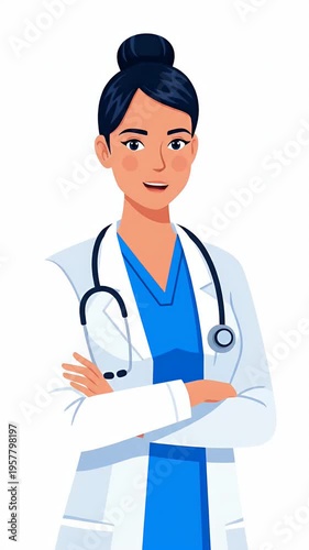Smiling Female Doctor in Blue Scrubs White Lab Coat Stethoscope