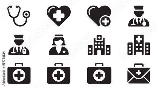 Medical symbols set vector illustration stethoscope heart hospital doctor and first aid kit