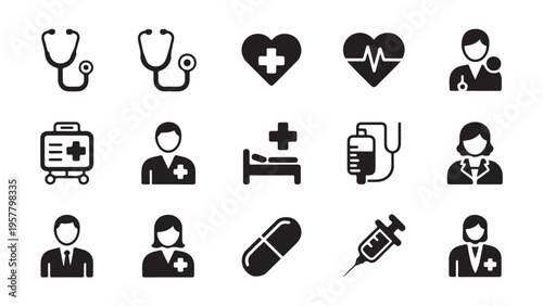 Medical icons set doctor nurse stethoscope hospital bed and syringe vector illustration