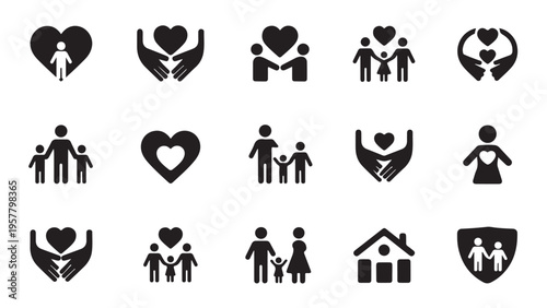 Family protection and love icons set with heart symbols and community support illustrations