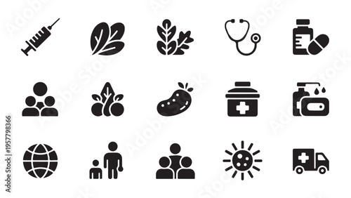 Healthcare, medical, and wellness vector icon set. Healthy lifestyle and global health signs