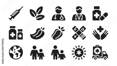 Healthcare and medical vector icon set. Doctor, medicine, and global health signs