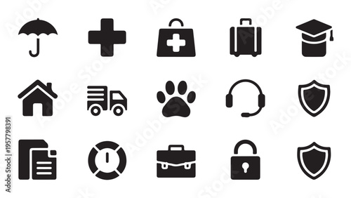 Service, security, and business vector icon set. Insurance, delivery, and education signs