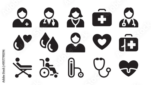 Medical staff, healthcare, and patient care vector icon set. Hospital and emergency signs