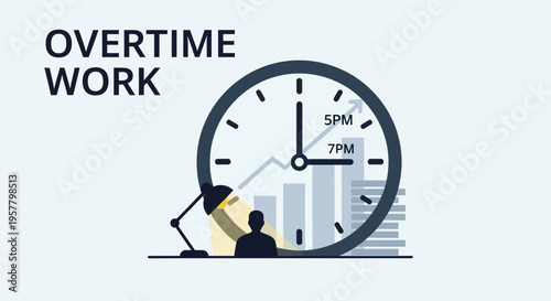 Overtime work concept clock silhouette chart representing late hours