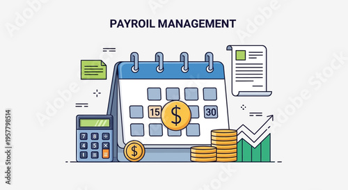 Payroll management concept with calendar money and calculator illustration