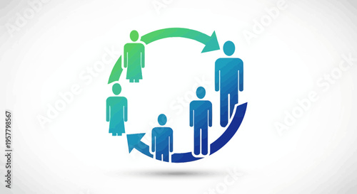 People interacting with a circular process illustration on a white background
