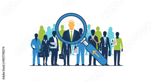 People searching illustration with magnifying glass and business figures