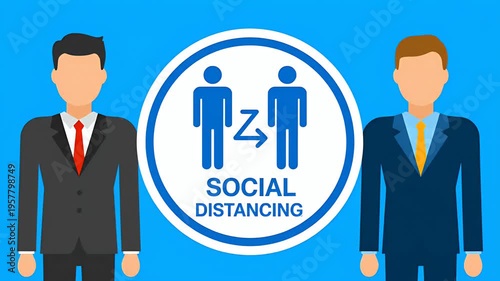 Social Distancing Two Men Keep Distance Blue Background Motion Graphic Loop