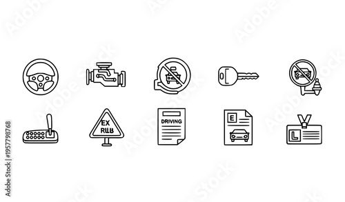 Driver education outline icon lineup with car control symbols engine key rules and examination vector set