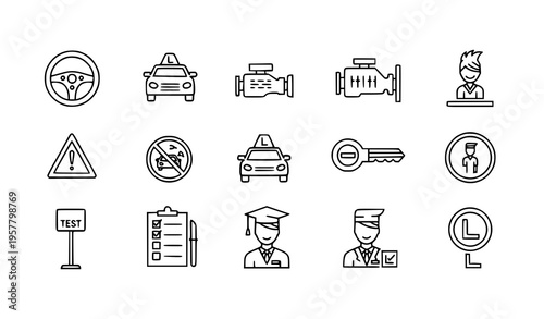 Driving school linear icon set with vehicle education symbols steering wheel engine key and exam outline vector