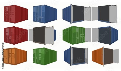 Realistic shipping cargo containers set with open and closed doors industrial freight storage boxes vector collection