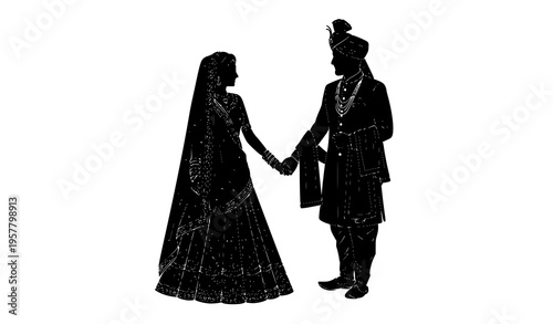 Indian wedding couple silhouette in traditional attire holding hands romantic vector illustration isolated