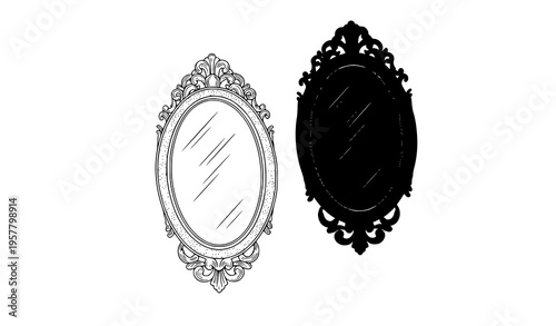 Ornate mirror illustration with outline and solid black vintage frame decorative vector isolated on white