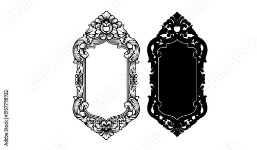 Ornate vintage mirror outline and solid black silhouette vector illustration decorative baroque frame isolated