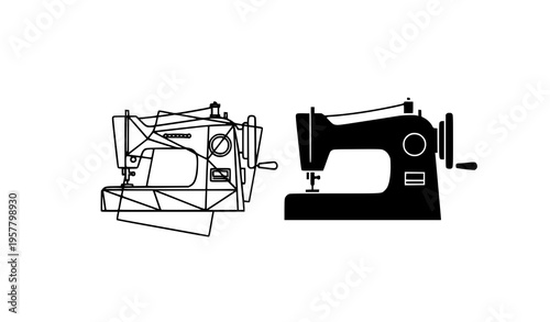 Sewing machine icons outline and solid silhouette vector set tailoring craft symbol isolated