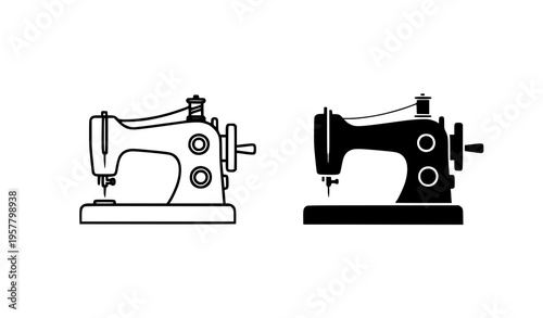 Sewing machine outline and solid black icon set minimal tailoring equipment vector isolated on white