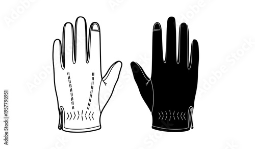 Two gloves outline and solid black vector illustration minimal contrast hand wear design isolated on white