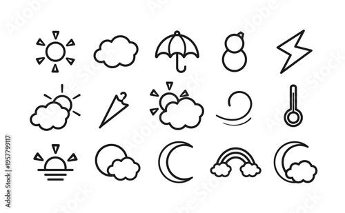 お天気アイコン 15点セット 線画 太陽 傘 雲 シンプル スッキリ