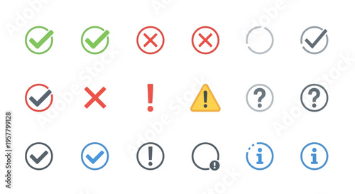 Set of various check marks crosses exclamation marks and question marks