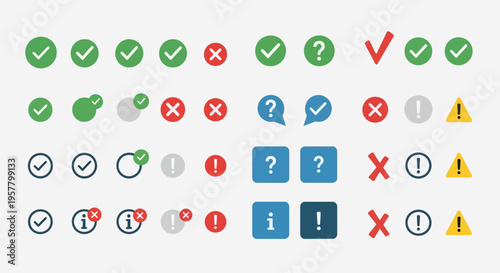 Set of various check marks crosses question marks and exclamation points