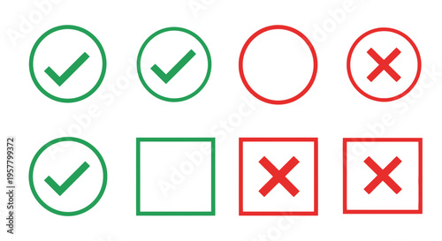 Set of vector check marks and cross marks in various shapes and colors