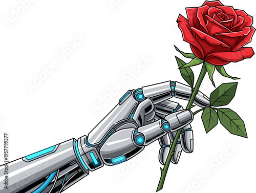 Robotic Cyborg Hand Holding a Red Rose Flower