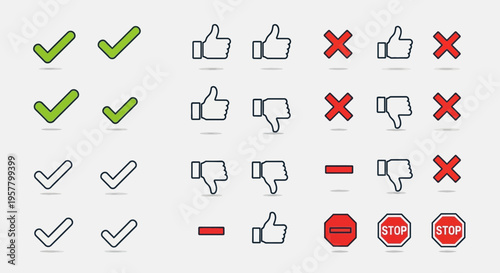 Set of vector icons including check marks thumbs up and stop signs