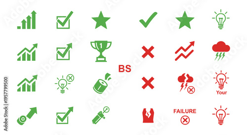 Success and failure concept with green and red business icons on white