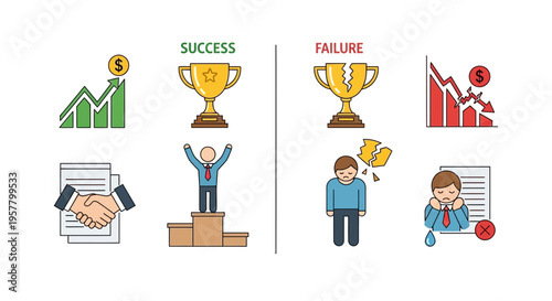 Success and failure concepts illustrated with icons and graphics