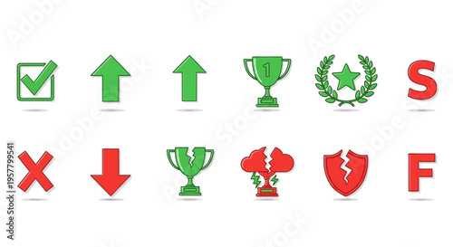 Success and failure icons set with check arrow trophy shield elements