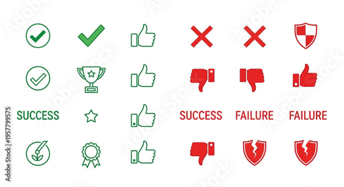 Success and failure symbols checkmarks thumbs shields trophies and crosses