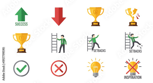 Success icons and failure icons representing ideas and concepts