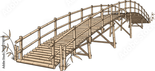Traditional Bamboo Wooden Bridge Over River Perspective