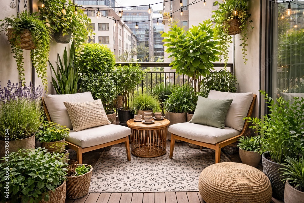 Fototapeta premium Cozy balcony with green plants, wooden chairs, small table and string light. Urban terrace garden with comfortable furniture