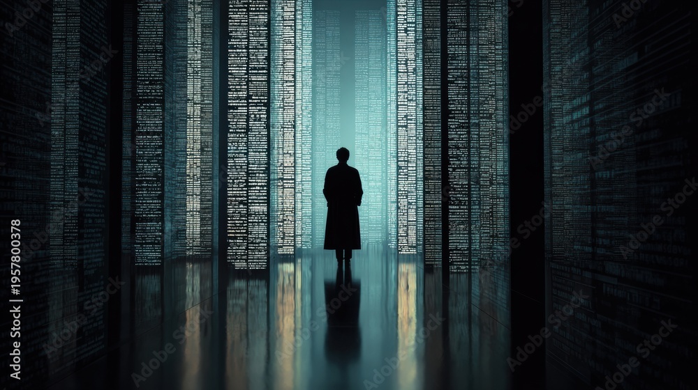 Fototapeta premium Exploring Knowledge Concepts With Silhouette Standing in Front of Data Panels at Night With Soft Lighting and Deep Shadows