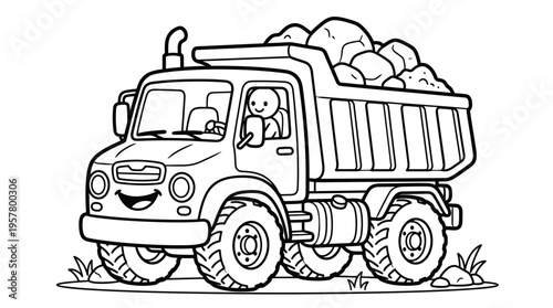 Smiling cartoon truck with big tires.